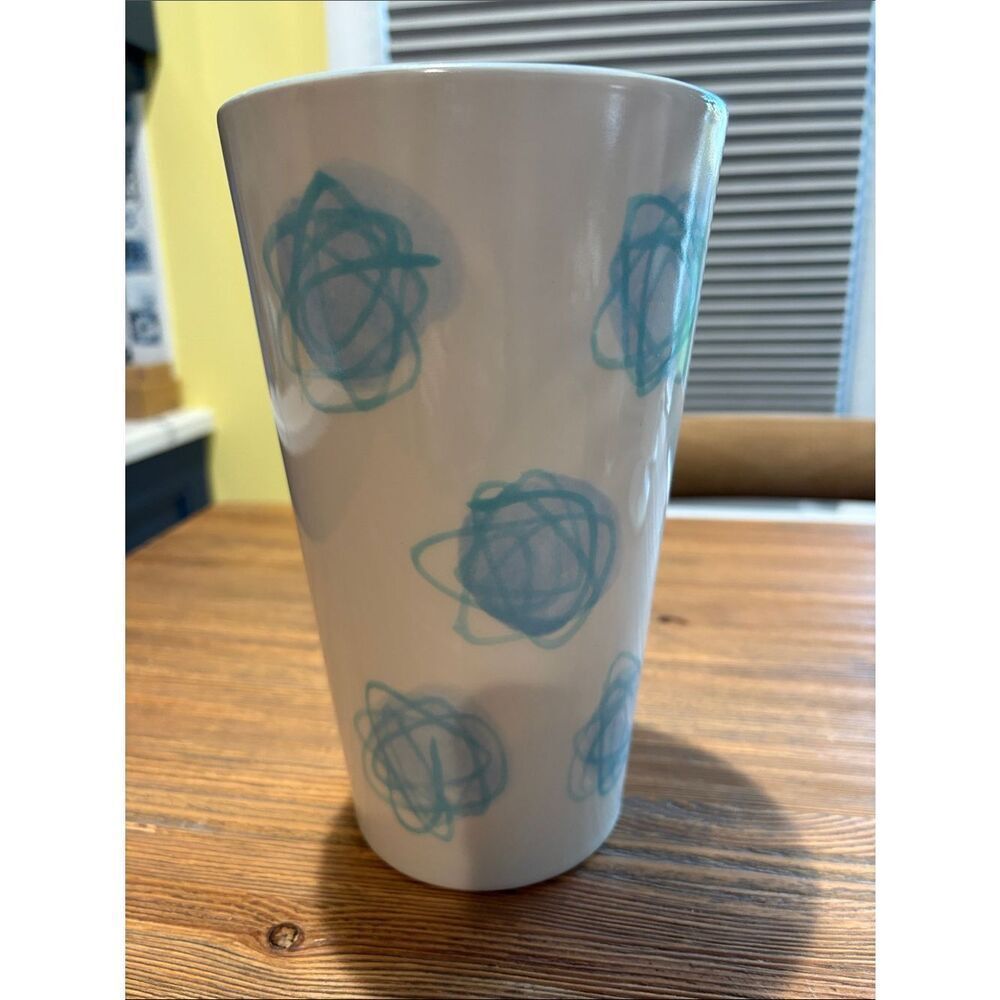 Rare Atomic Swirl Cream Ceramic Vase with Light Blue Scribble Pattern